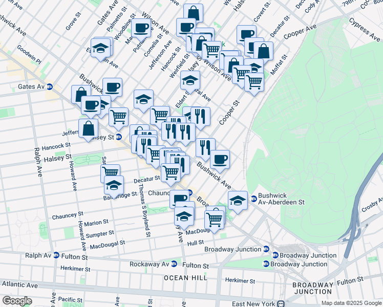 map of restaurants, bars, coffee shops, grocery stores, and more near 1379 Bushwick Avenue in Brooklyn