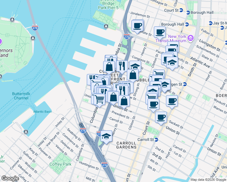 map of restaurants, bars, coffee shops, grocery stores, and more near Hicks St & Degraw St in Brooklyn