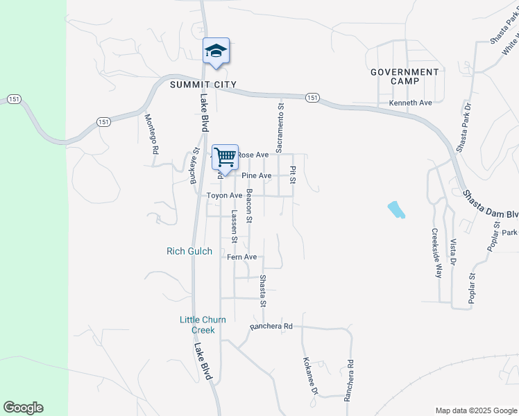 map of restaurants, bars, coffee shops, grocery stores, and more near 17782 Toyon Avenue in Shasta Lake