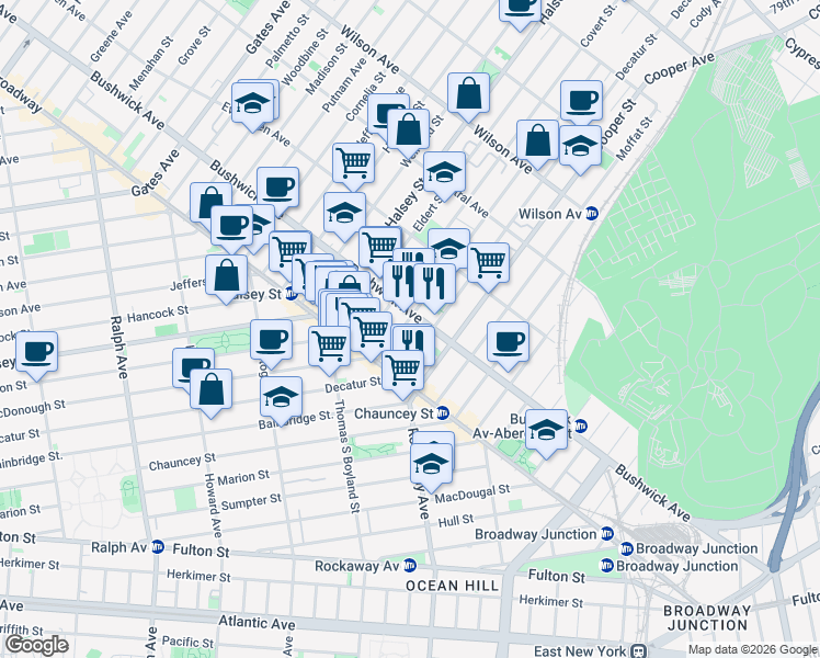 map of restaurants, bars, coffee shops, grocery stores, and more near 40 Schaefer Street in Brooklyn