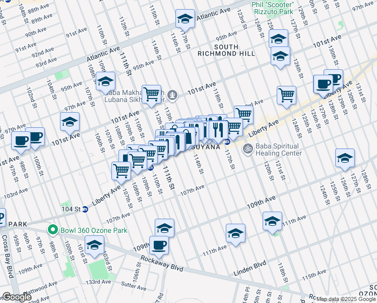 map of restaurants, bars, coffee shops, grocery stores, and more near 103-27 114th Street in Queens