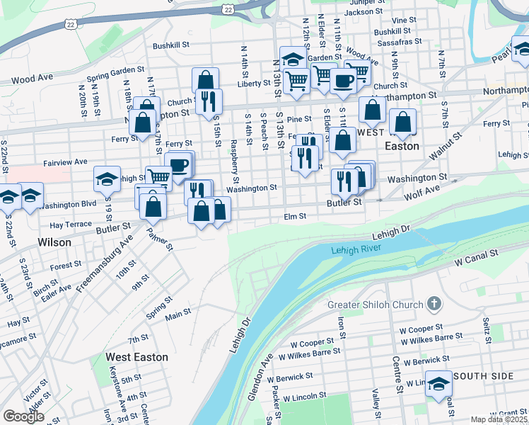 map of restaurants, bars, coffee shops, grocery stores, and more near 1342 Butler Street in Easton