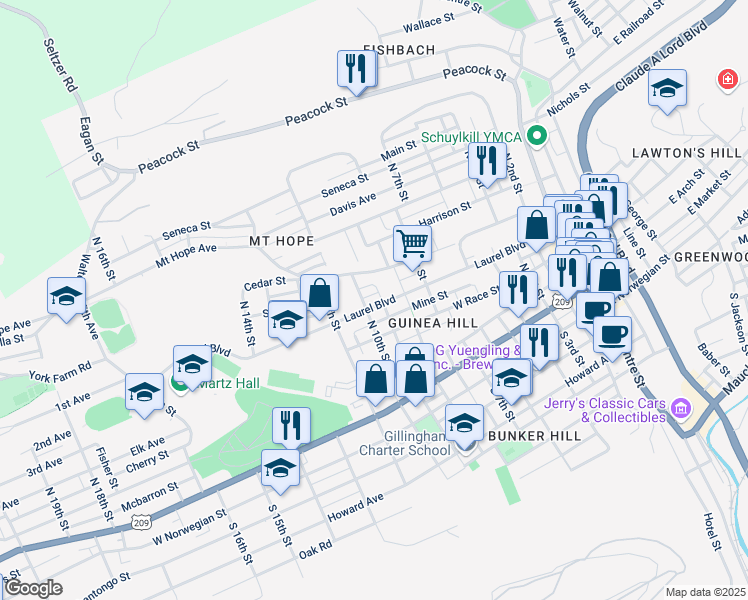 map of restaurants, bars, coffee shops, grocery stores, and more near 906 Laurel Boulevard in Pottsville