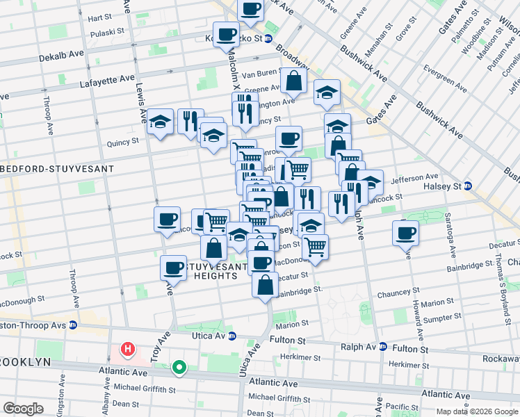 map of restaurants, bars, coffee shops, grocery stores, and more near 223 Malcolm X Boulevard in Brooklyn