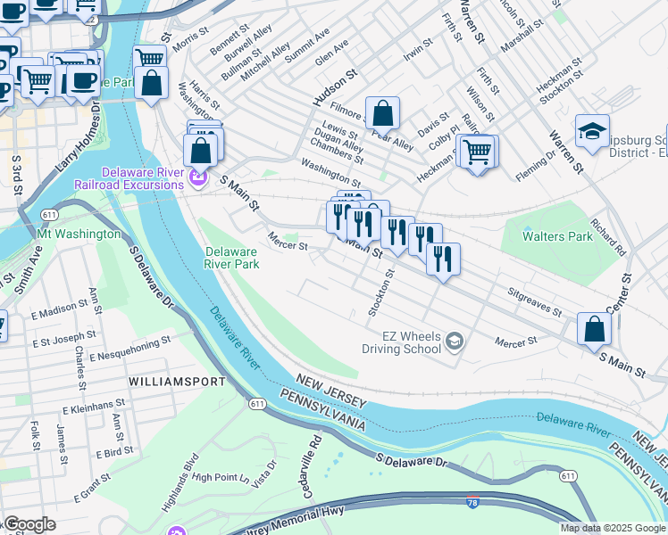 map of restaurants, bars, coffee shops, grocery stores, and more near 11 Cedar Alley in Phillipsburg