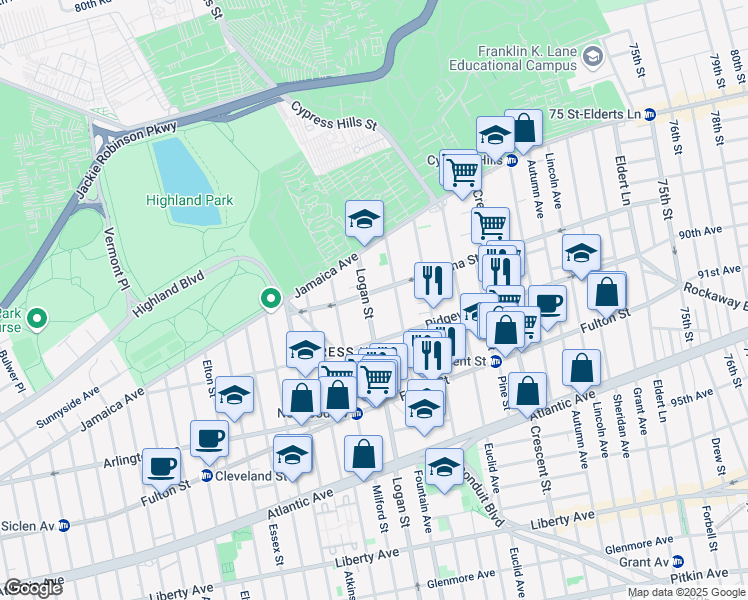 map of restaurants, bars, coffee shops, grocery stores, and more near 59 Logan Street in Brooklyn