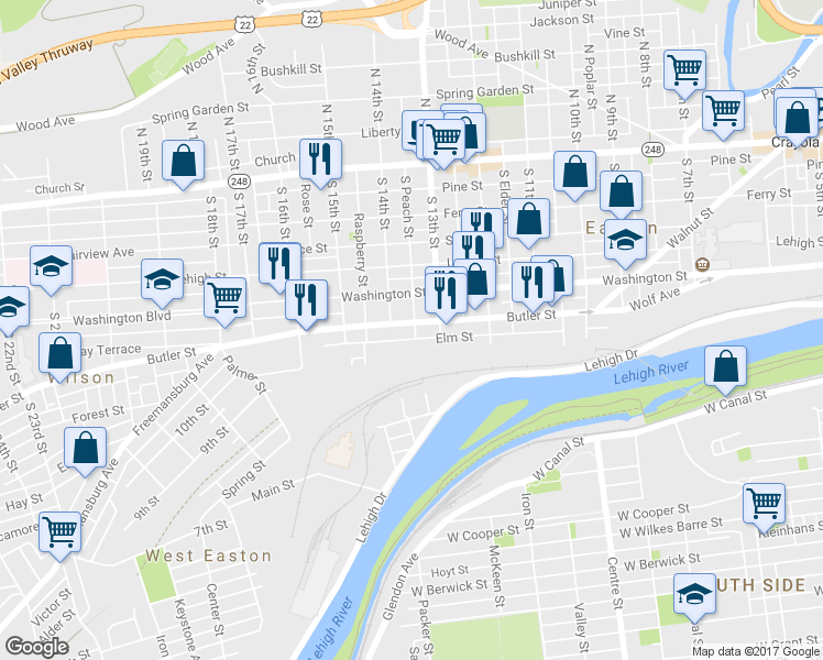 map of restaurants, bars, coffee shops, grocery stores, and more near 1334 Butler Street in Easton