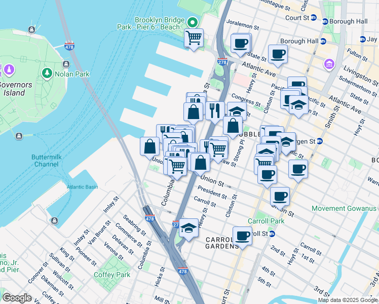 map of restaurants, bars, coffee shops, grocery stores, and more near 182 Columbia Street in Brooklyn