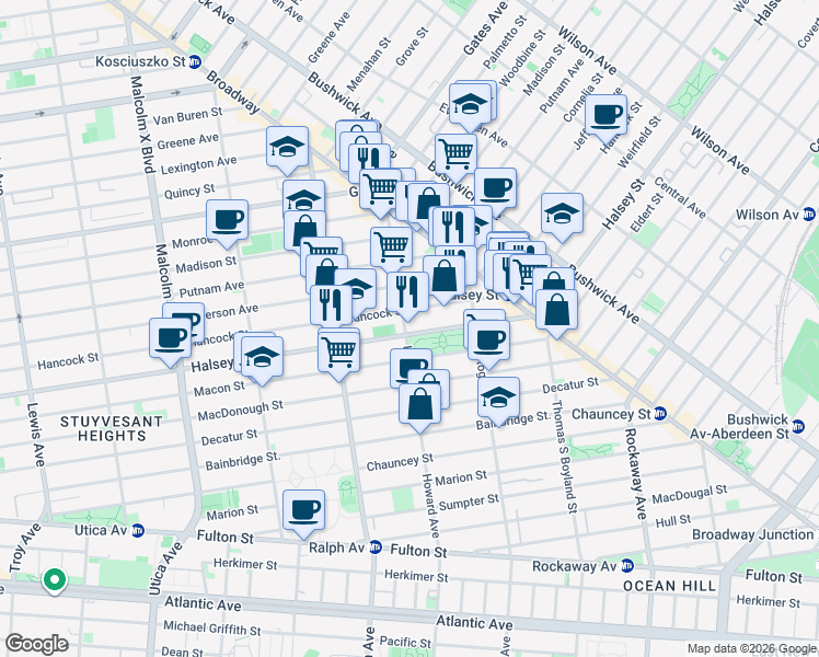map of restaurants, bars, coffee shops, grocery stores, and more near 803 Halsey Street in Brooklyn