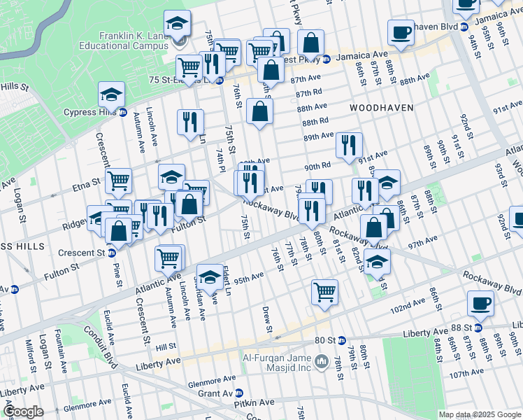 map of restaurants, bars, coffee shops, grocery stores, and more near 75-11 Rockaway Boulevard in Queens