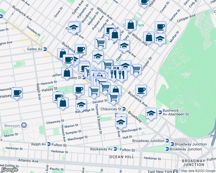 map of restaurants, bars, coffee shops, grocery stores, and more near 48 Covert Street in Brooklyn