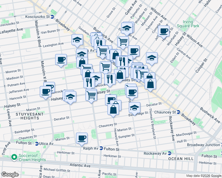 map of restaurants, bars, coffee shops, grocery stores, and more near 805 Halsey Street in Brooklyn