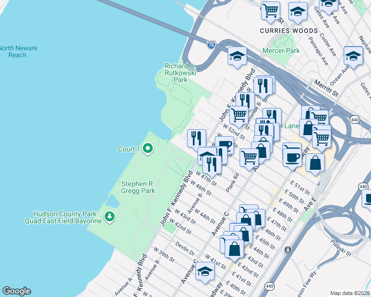 map of restaurants, bars, coffee shops, grocery stores, and more near 183 West 49th Street in Bayonne