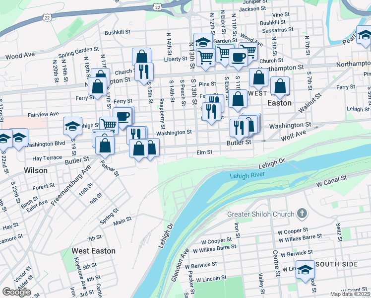 map of restaurants, bars, coffee shops, grocery stores, and more near 1334 Butler Street in Easton