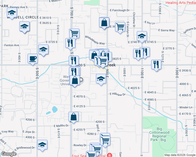 map of restaurants, bars, coffee shops, grocery stores, and more near 3976 South 855 East in Millcreek