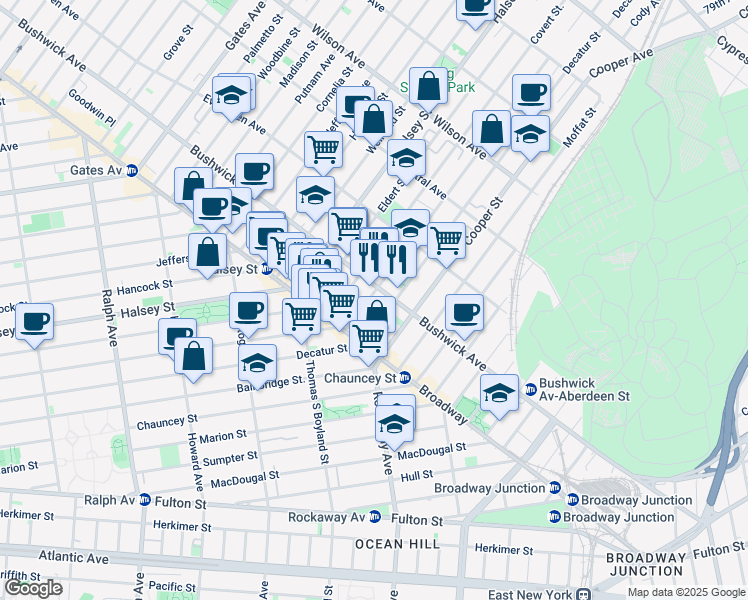 map of restaurants, bars, coffee shops, grocery stores, and more near 48 Covert Street in Brooklyn