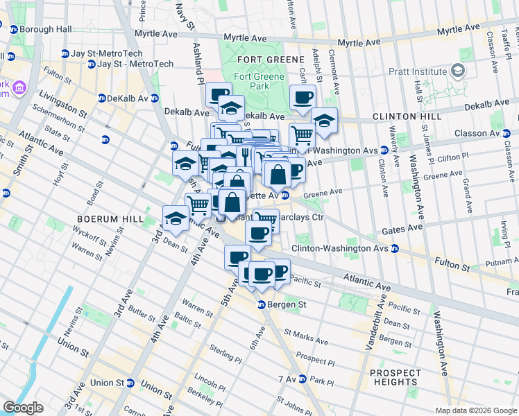 map of restaurants, bars, coffee shops, grocery stores, and more near Hanson Pl & S Elliott Pl in Brooklyn