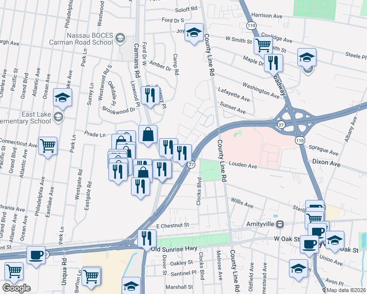 map of restaurants, bars, coffee shops, grocery stores, and more near 196 Somerset Drive in Massapequa