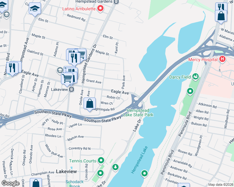 map of restaurants, bars, coffee shops, grocery stores, and more near 644 Park Avenue in West Hempstead