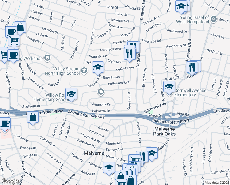map of restaurants, bars, coffee shops, grocery stores, and more near 710 Willow Road in Franklin Square