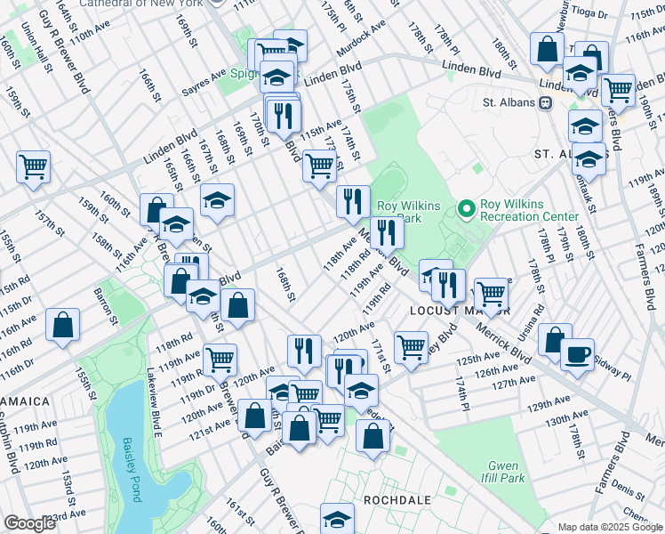 map of restaurants, bars, coffee shops, grocery stores, and more near 170-21 118th Avenue in Queens