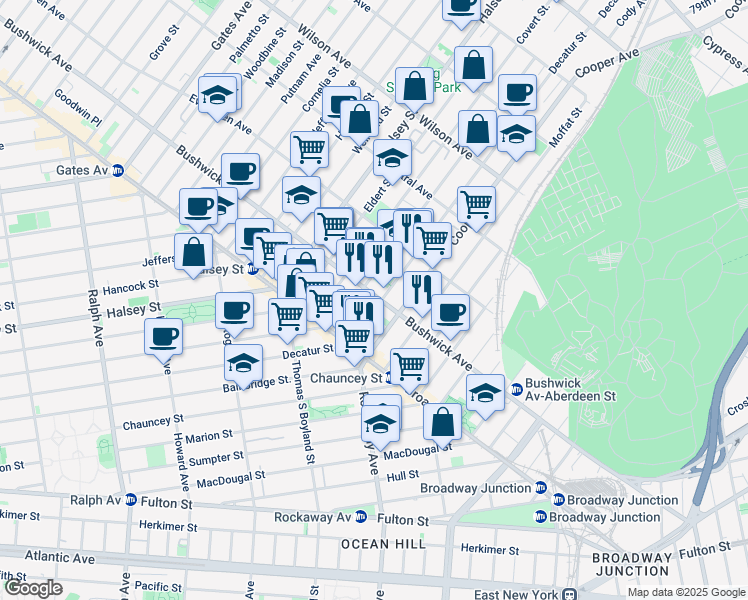 map of restaurants, bars, coffee shops, grocery stores, and more near 1341 Bushwick Avenue in Brooklyn