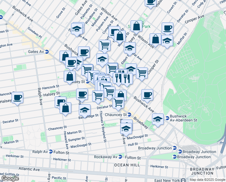 map of restaurants, bars, coffee shops, grocery stores, and more near 48 Covert Street in Brooklyn