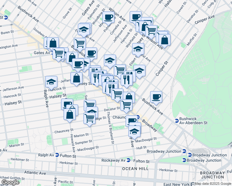 map of restaurants, bars, coffee shops, grocery stores, and more near 25 Eldert Street in Brooklyn