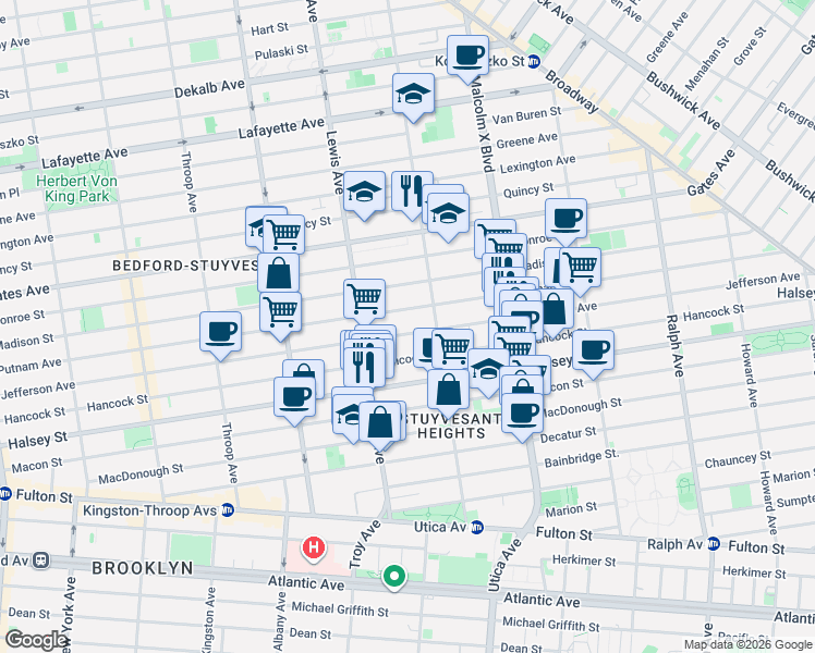 map of restaurants, bars, coffee shops, grocery stores, and more near 703 Putnam Avenue in Brooklyn