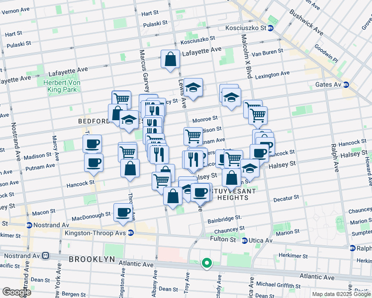 map of restaurants, bars, coffee shops, grocery stores, and more near 538 Madison Street in Brooklyn