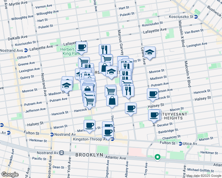map of restaurants, bars, coffee shops, grocery stores, and more near 432 Monroe Street in Brooklyn