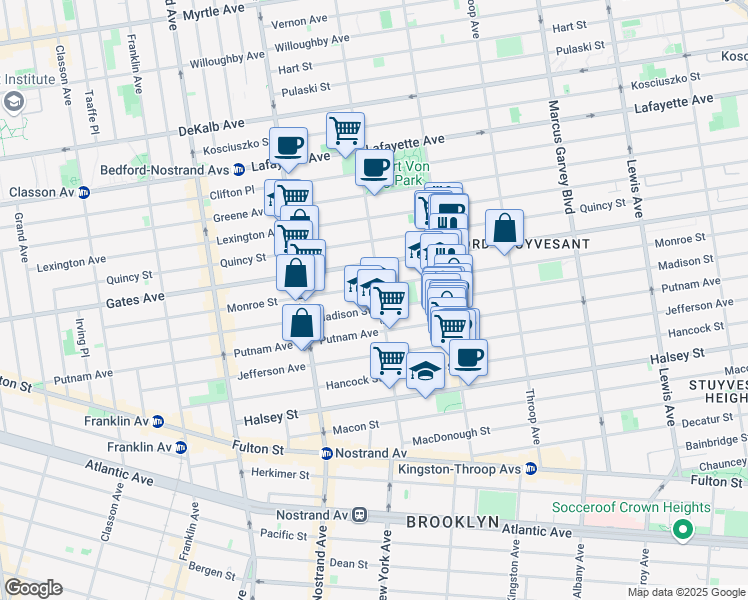 map of restaurants, bars, coffee shops, grocery stores, and more near 283 Monroe Street in Brooklyn