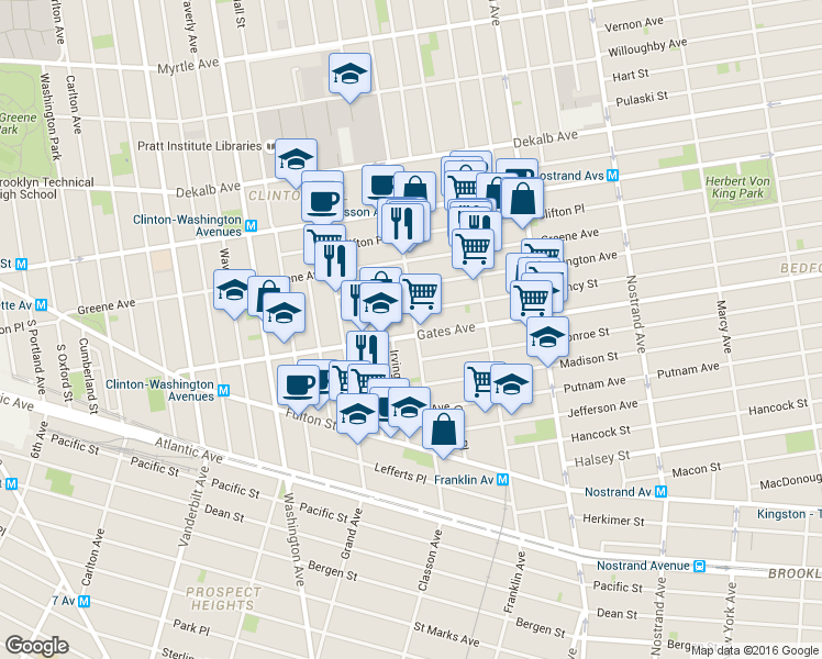 map of restaurants, bars, coffee shops, grocery stores, and more near 46 Quincy Street in Brooklyn
