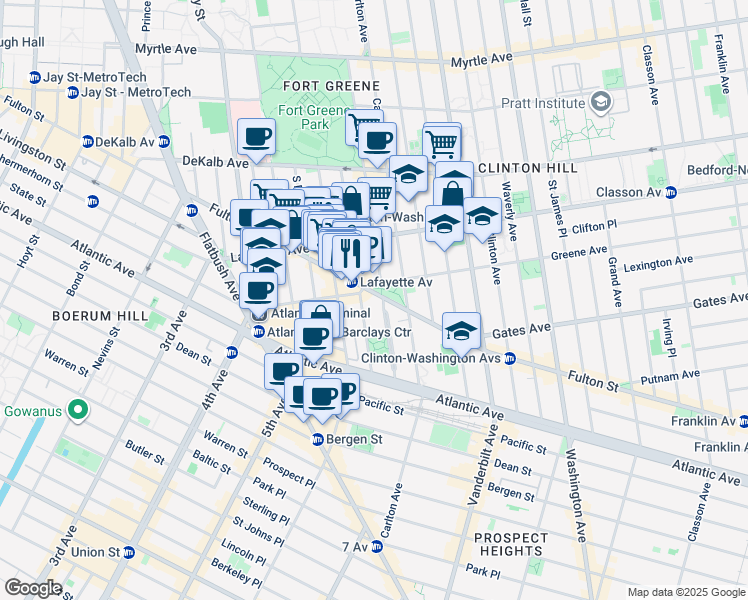 map of restaurants, bars, coffee shops, grocery stores, and more near 19 Greene Avenue in Brooklyn