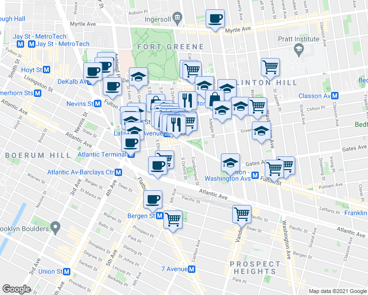 map of restaurants, bars, coffee shops, grocery stores, and more near 19 Greene Avenue in Brooklyn