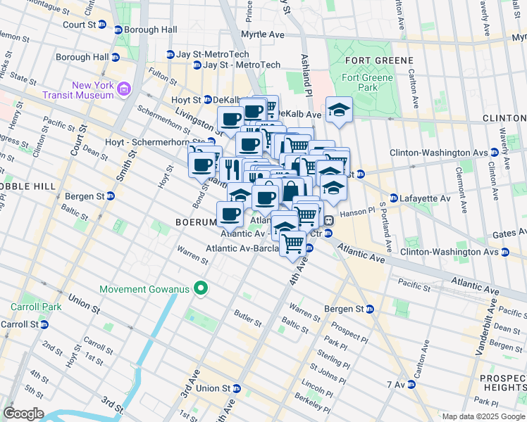 map of restaurants, bars, coffee shops, grocery stores, and more near 489 Atlantic Avenue in Brooklyn