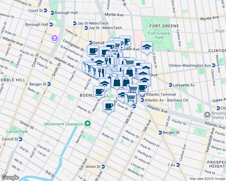 map of restaurants, bars, coffee shops, grocery stores, and more near 489 Atlantic Avenue in Brooklyn