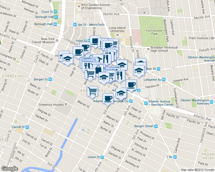 map of restaurants, bars, coffee shops, grocery stores, and more near 460 Atlantic Avenue in Brooklyn
