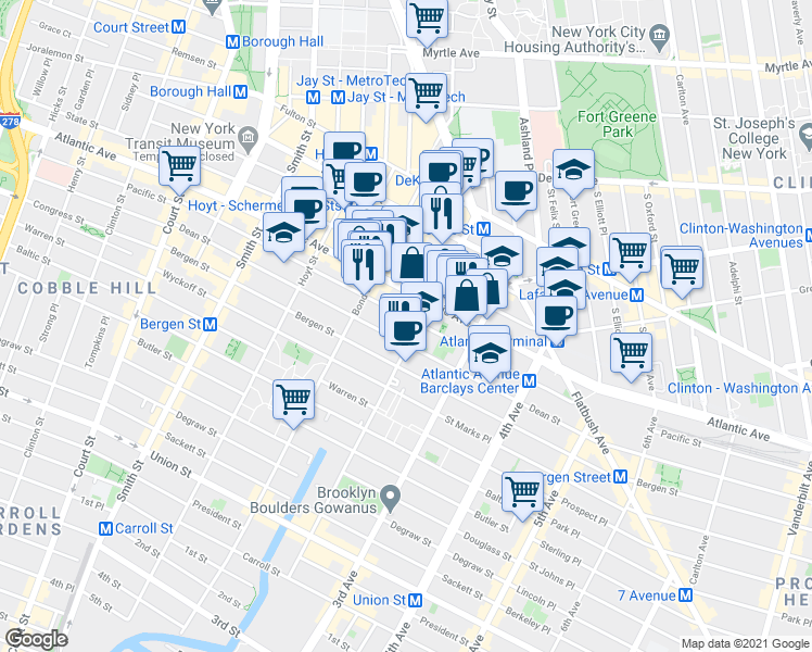 map of restaurants, bars, coffee shops, grocery stores, and more near 460 Atlantic Avenue in Brooklyn