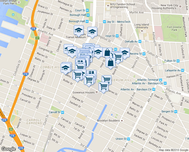 map of restaurants, bars, coffee shops, grocery stores, and more near 128 Bergen Street in Brooklyn