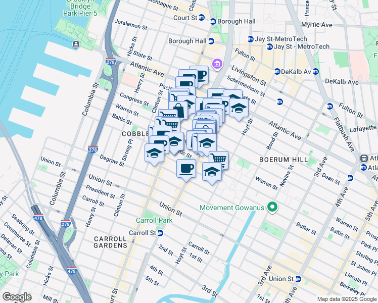 map of restaurants, bars, coffee shops, grocery stores, and more near 297 Warren Street in Brooklyn
