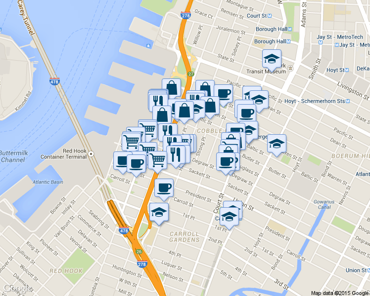 map of restaurants, bars, coffee shops, grocery stores, and more near 30 Cheever Place in Brooklyn