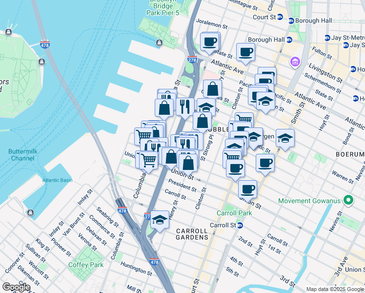 map of restaurants, bars, coffee shops, grocery stores, and more near 30 Cheever Place in Brooklyn