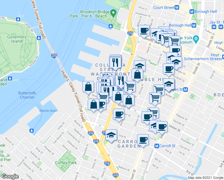 map of restaurants, bars, coffee shops, grocery stores, and more near 182 Columbia Street in Brooklyn
