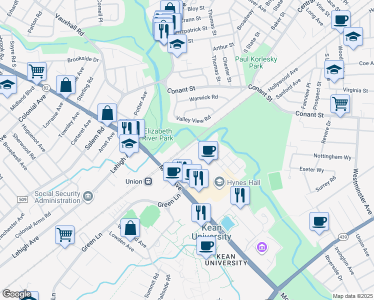 map of restaurants, bars, coffee shops, grocery stores, and more near 129 Valley View Rd in Hillside
