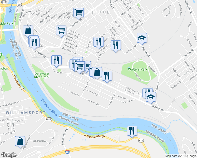 map of restaurants, bars, coffee shops, grocery stores, and more near 132 Sitgreaves Street in Phillipsburg