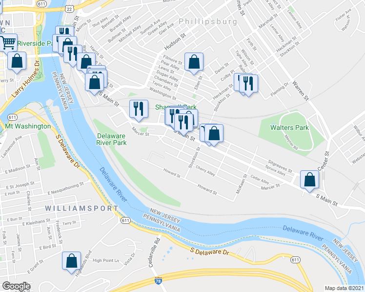 map of restaurants, bars, coffee shops, grocery stores, and more near 399 South Main Street in Phillipsburg