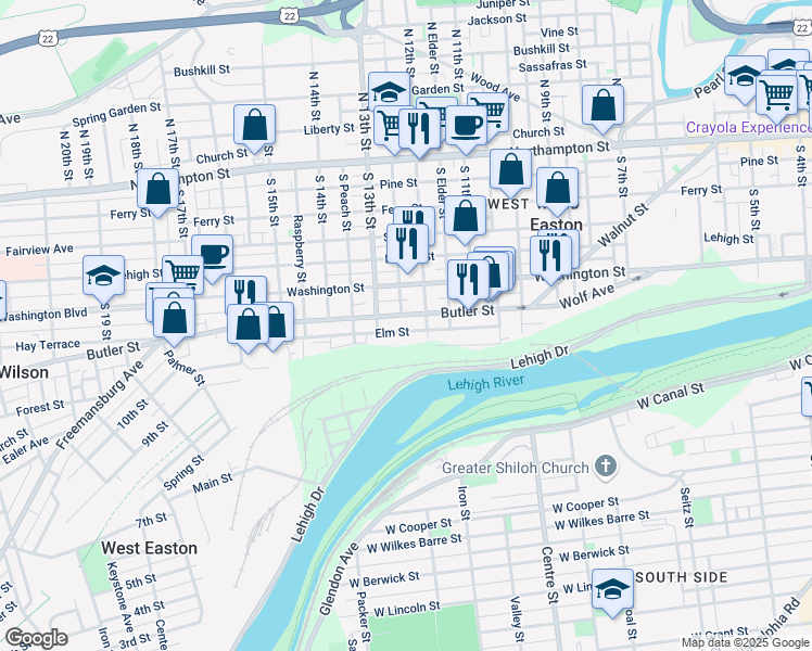 map of restaurants, bars, coffee shops, grocery stores, and more near 1213 Butler Street in Easton