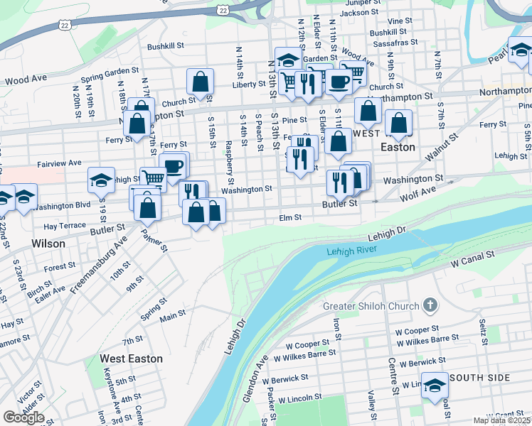 map of restaurants, bars, coffee shops, grocery stores, and more near 325 South 13th Street in Easton