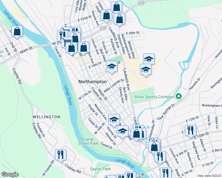 map of restaurants, bars, coffee shops, grocery stores, and more near 1569 Lincoln Avenue in Northampton